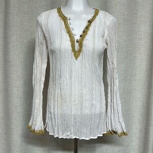 * SALE * CACHE sheer white golden lace trim gold pinstriped blouse shirt top